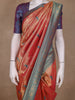 Reddish Orange Peacock Motif Design Semi Banarasi Silk Saree