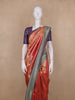 Reddish Orange Peacock Motif Design Semi Banarasi Silk Saree
