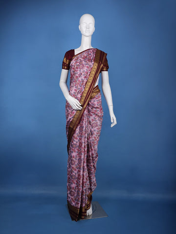 Regal Pink Floral Printed Semi Tussar Silk Saree - Diadem