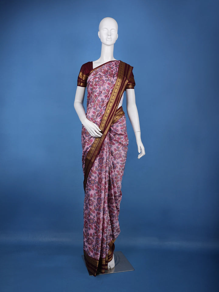 Regal Pink Floral Printed Semi Tussar Silk Saree - Diadem
