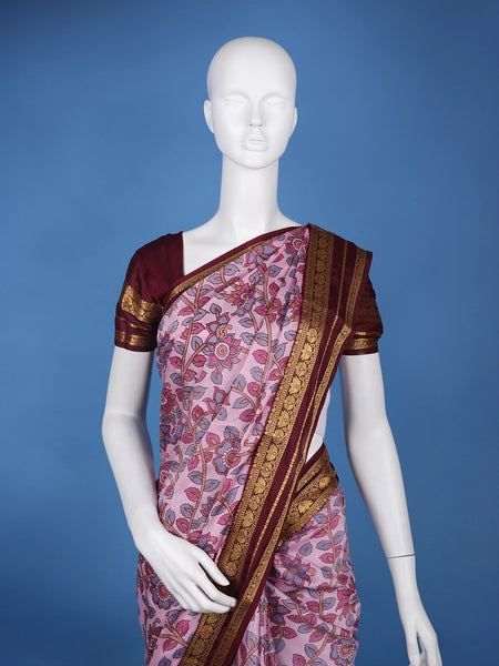 Regal Pink Floral Printed Semi Tussar Silk Saree - Diadem