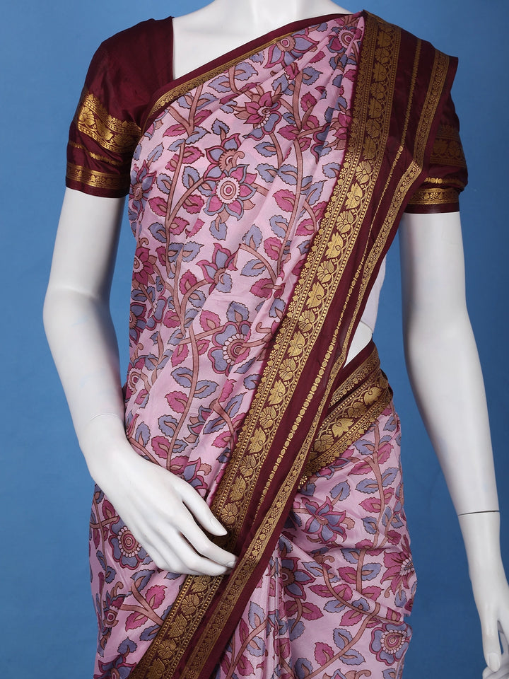 Regal Pink Floral Printed Semi Tussar Silk Saree - Diadem