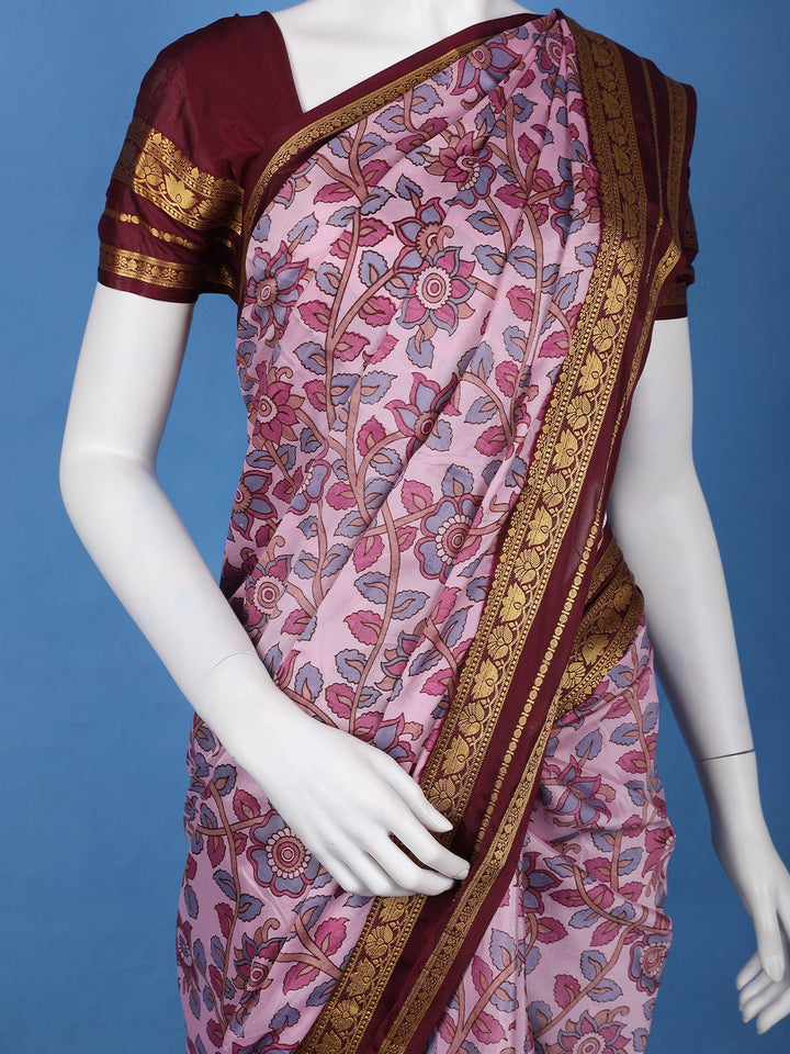Regal Pink Floral Printed Semi Tussar Silk Saree - Diadem