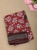 Rich Brick Red Leaf Printed Design Linen Cotton Saree with Contrast Border
