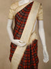 Rich Brick Red and Deep Black Checked Woven Design Pure Kanchipuram Silk Saree with Contrast Temple Zari Border