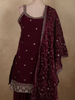 Rich Burgundy Floral Sequins and Beads Embroidered Design Satin Salwar Suit with Dupatta