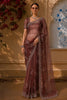 Rich Burgundy Floral Vine Stone Embellished Design Organza Party Wear Saree with Scalloped Border