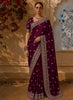 Deep Purple Floral Zari Embroidered Design Pure Tussar Party Wear Saree with Scalloped Border