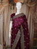 Deep Purple Floral Zari Embroidered Design Pure Tussar Party Wear Saree with Scalloped Border