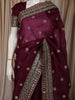 Deep Purple Floral Zari Embroidered Design Pure Tussar Party Wear Saree with Scalloped Border