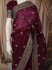 Deep Purple Floral Zari Embroidered Design Pure Tussar Party Wear Saree with Scalloped Border