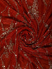 Rich Crimson Red Floral Vine Sequins Embroidered Design Crepe Silk Fancy Saree with Scalloped Border