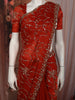 Rich Crimson Red Floral Vine Sequins Embroidered Design Crepe Silk Fancy Saree with Scalloped Border