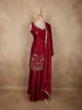 Rich Ruby Wine Red Floral Sequins and Beads Embroidered Design Satin Palazzo Suit with Dupatta