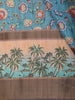 Rich Teal Blue Floral Printed Design Semi Tussar Saree