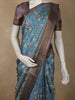 Rich Teal Blue Floral Printed Design Semi Tussar Saree
