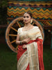 Rich Vermilion Red Butta Woven Design Pure Kanchipuram Silk Saree with Contrast  Zari Border