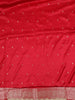 Rich Vermilion Red Butta Zari Woven Design Pure Satin Saree with Scalloped Border
