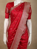 Rich Vermilion Red Butta Zari Woven Design Pure Satin Saree with Scalloped Border