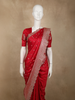 Rich Vermilion Red Butta Zari Woven Design Pure Satin Saree with Scalloped Border