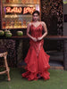Rich Vermilion Red Heavy Sequins Embroidered Design Net Mermaid Party Wear Gown with Layered Ruffle Net Flared Hem