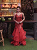 Rich Vermilion Red Heavy Sequins Embroidered Design Net Mermaid Party Wear Gown with Layered Ruffle Net Flared Hem