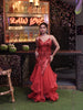 Rich Vermilion Red Heavy Sequins Embroidered Design Net Mermaid Party Wear Gown with Layered Ruffle Net Flared Hem