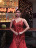 Rich Vermilion Red Heavy Sequins Embroidered Design Net Mermaid Party Wear Gown with Layered Ruffle Net Flared Hem
