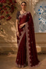 Rich Wine Maroon Floral Sequins and Thread Embroidered Design Organza Party Wear Saree with Scalloped Border