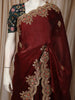 Rich Wine Maroon Floral Sequins and Thread Embroidered Design Organza Party Wear Saree with Scalloped Border