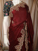Rich Wine Maroon Floral Sequins and Thread Embroidered Design Organza Party Wear Saree with Scalloped Border