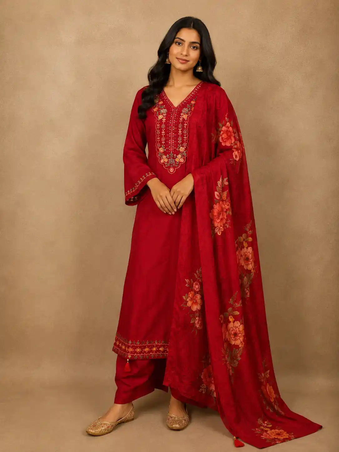 Rich Crimson Red Floral Thread and Sequins Embroidered Design Cotton Anarkali Salwar Suit