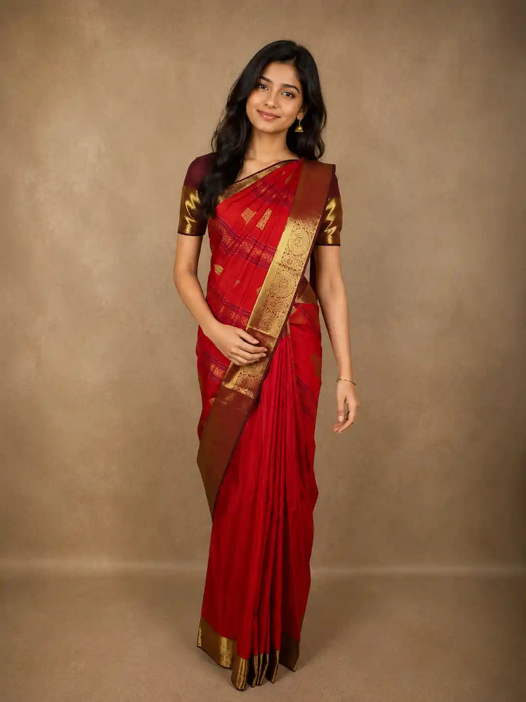 Rich Crimson Red Striped and Butta  Zari Woven Design Pure Kanchipuram Silk Saree with Contrast Zari Border
