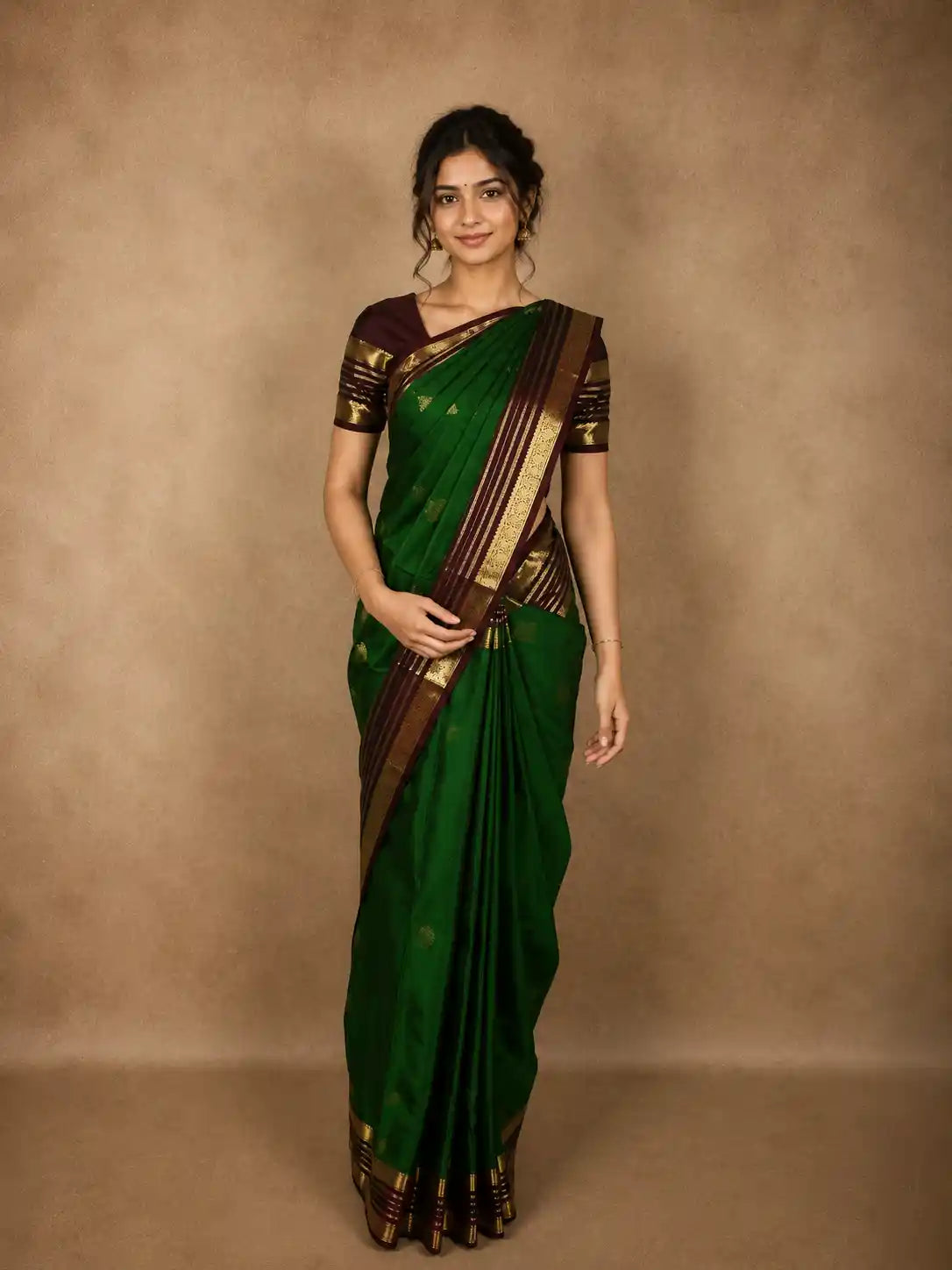 Rich Emerald Green Butta Zari Woven Design Pure Kanchipuram Silk Saree with Contrast Striped Border