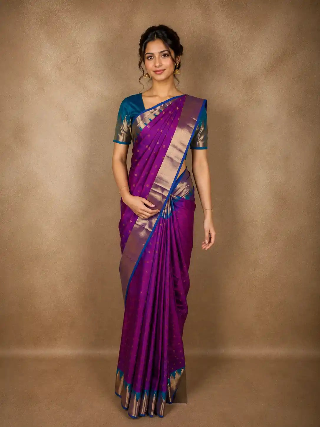 Rich Magenta Purple Butta Zari Woven Design Pure Kanchipuram Silk Saree with Contrast Zari Border