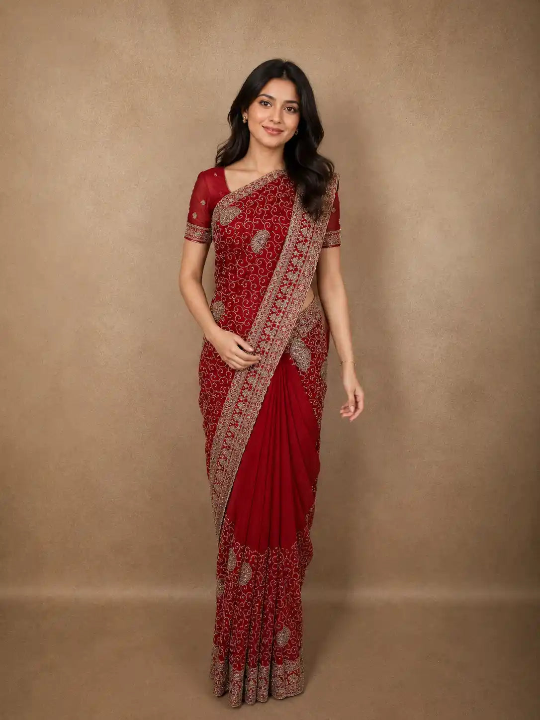 Rich Maroon Swirl Zari Embroidered Design Georgette Fancy Saree with Designer Border