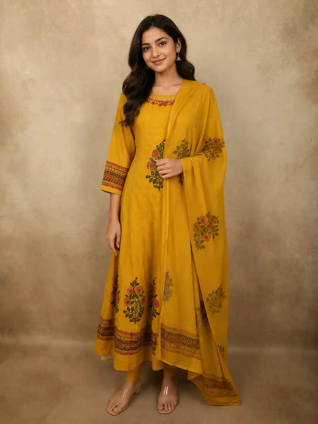 Rich Mustard Marigold Yellow Floral Thread Embroidered Design Cotton Palazzo Suit