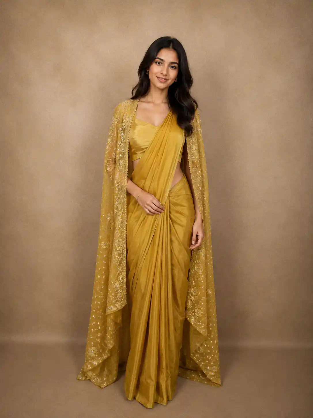 Rich Mustard Marigold Yellow Solid Design Crepe Ready To Wear Saree with Embroidered Cape