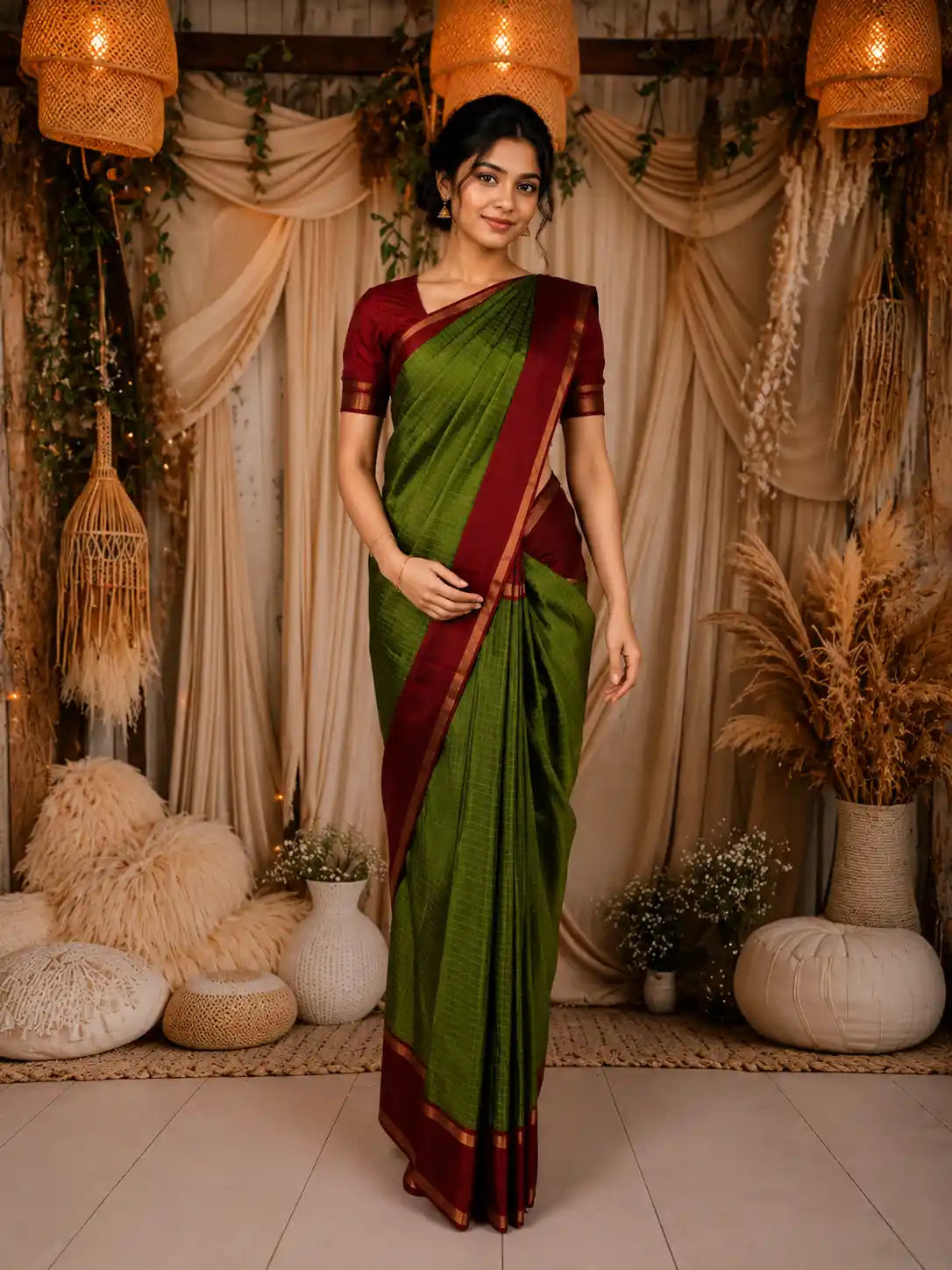 Rich Olive Green Mini Checked Woven Design Kanchipuram Silk Saree with Solid Border