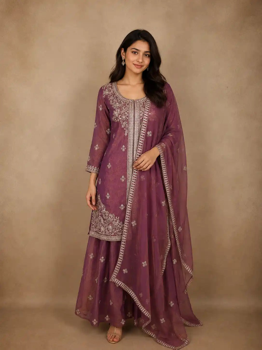 Rich Plum Purple Floral Zari Embroidered Design Tissue Organza Palazzo Suit with Dupatta