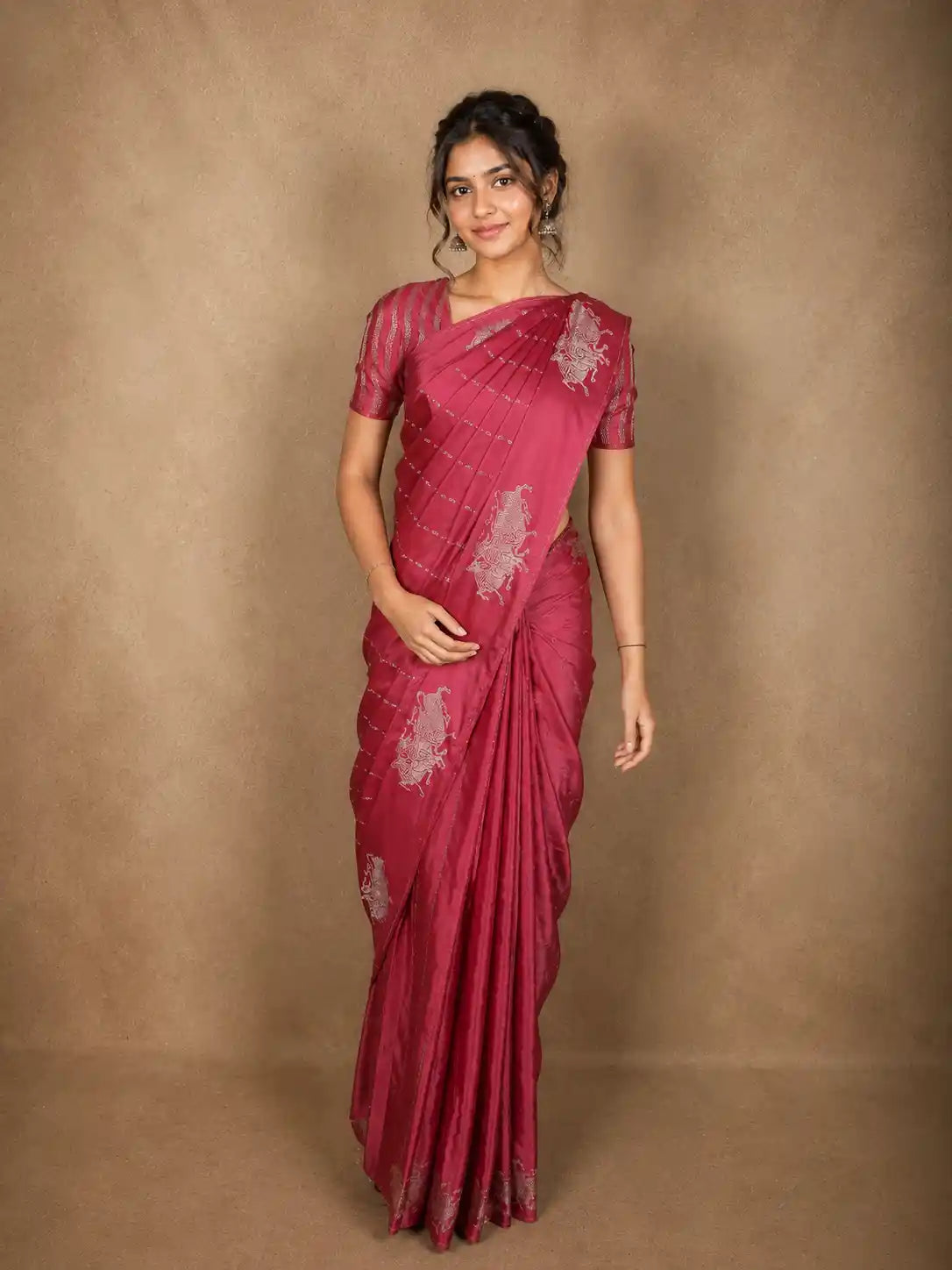 Rich Rosewood Pink Striped Zari Woven Design Semi Banarasi Saree with Animal Motif Border