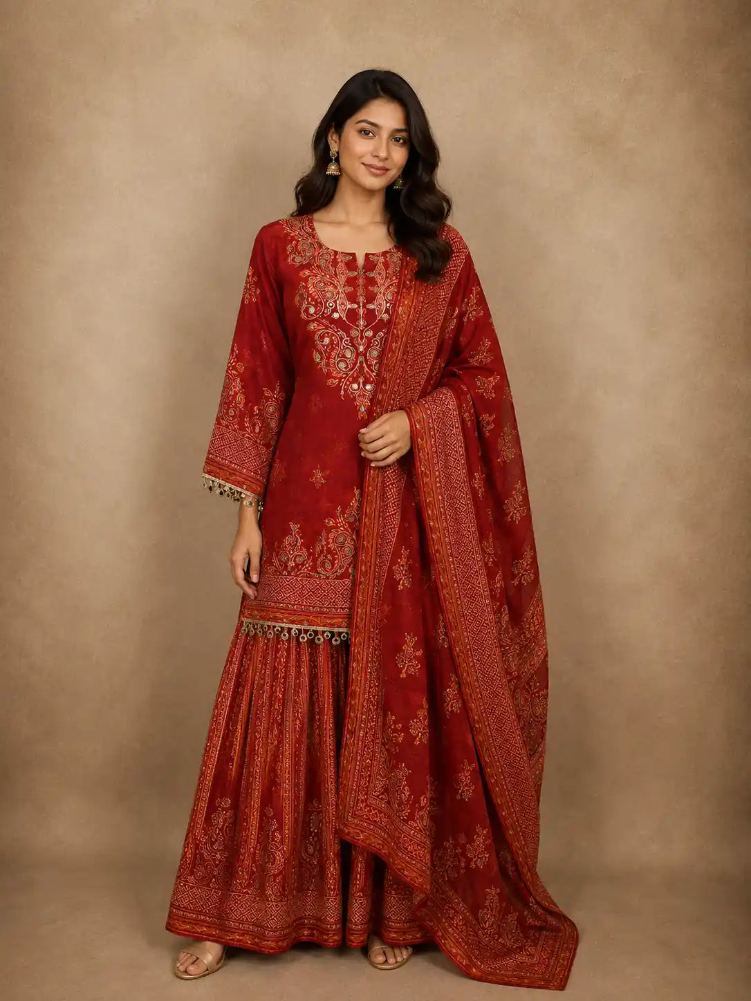 Rich Rusty Maroon Red Floral Printed Design Cotton Palazzo Suit