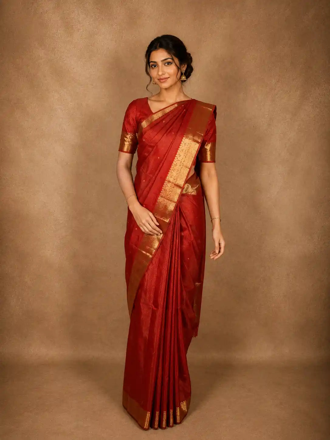 Rich Vermilion Red Butta Zari Woven Design Pure Kanchipuram Silk Saree with Peacock Zari Border