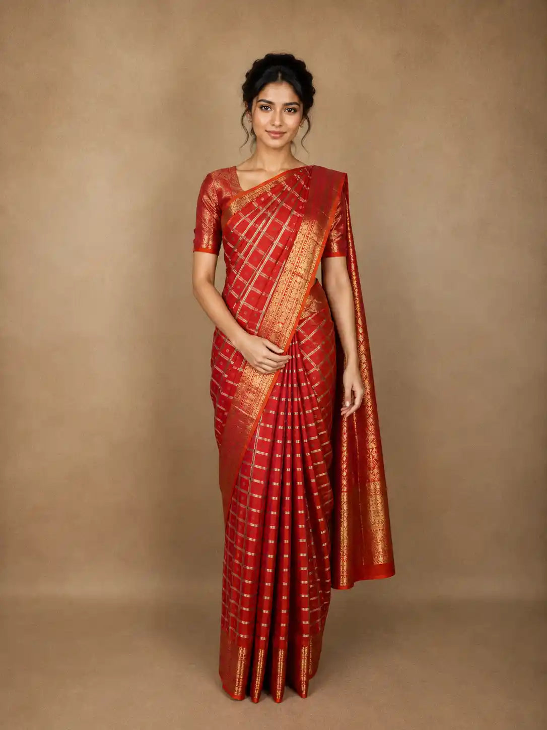 Rich Vermilion Red Checked Zari Woven Design Pure Kanchipuram Silk Saree with Zari Border