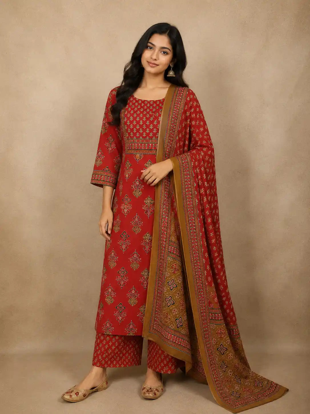 Rich Vermilion Red Floral Printed Design Cotton Straight Cut Salwar Suit with Dupatta