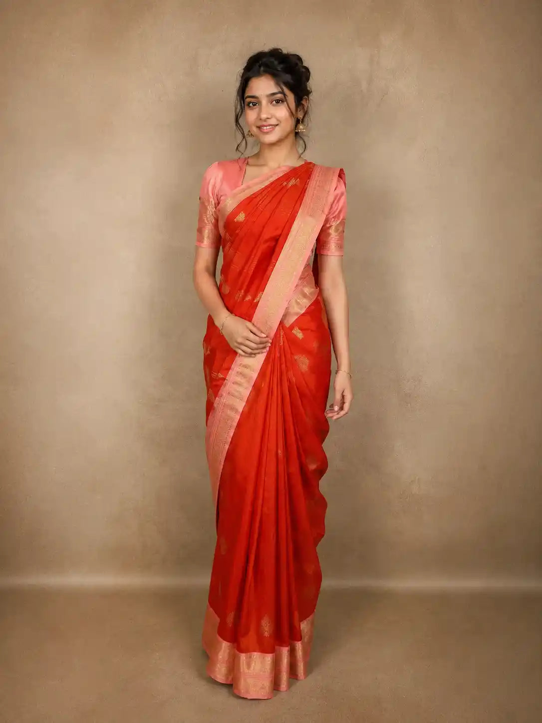 Rich Vermilion Red Floral Zari Woven Design Pure Kanchipuram Silk Saree with Contrast Border