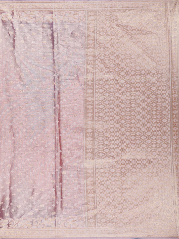 Rose Pink Floral Brocade Design Semi Tissue Saree - Diadem