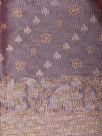 Rose Pink Floral Brocade Design Semi Tissue Saree - Diadem