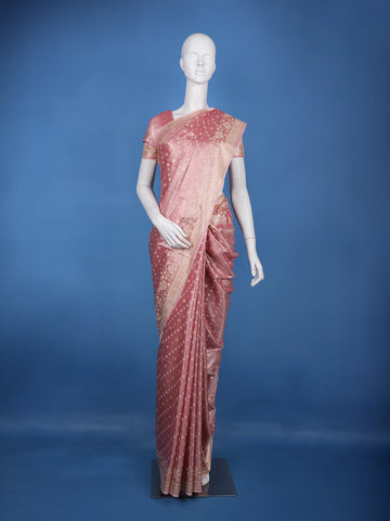 Rose Pink Floral Brocade Design Semi Tissue Saree - Diadem