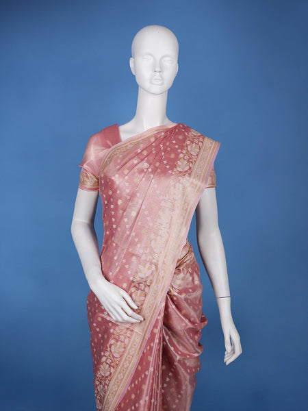 Rose Pink Floral Brocade Design Semi Tissue Saree - Diadem